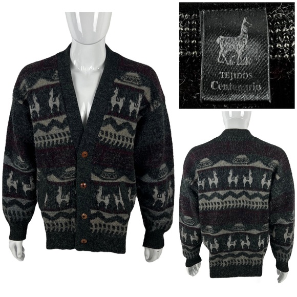 Tejidos Centenario Mens OS Large Sweater Cardigan Wool Angora Knit LLama Design - Picture 1 of 9